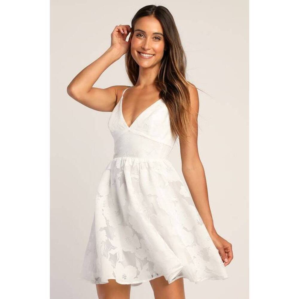 Lulus Floral Feelings White Floral Jacquard Babydoll Mini Dress - Size M